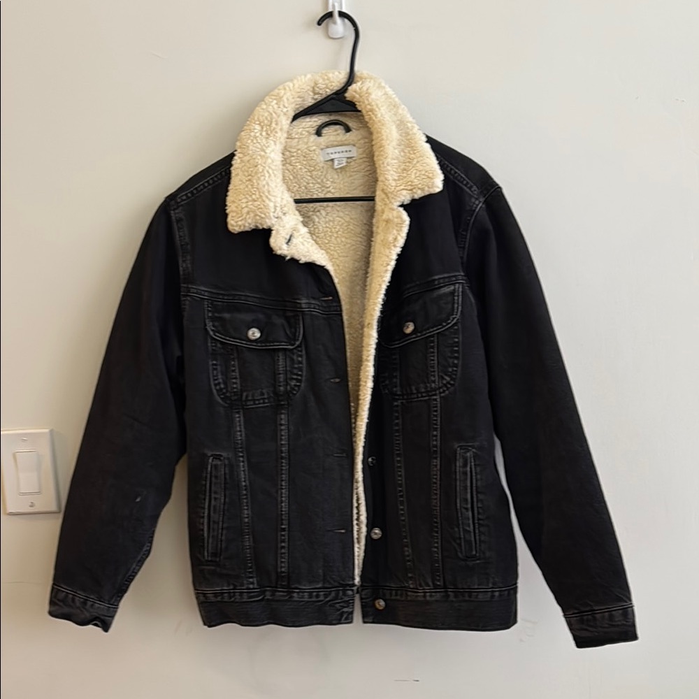 Topshop Black Sherpa-Lined Denim Jacket
